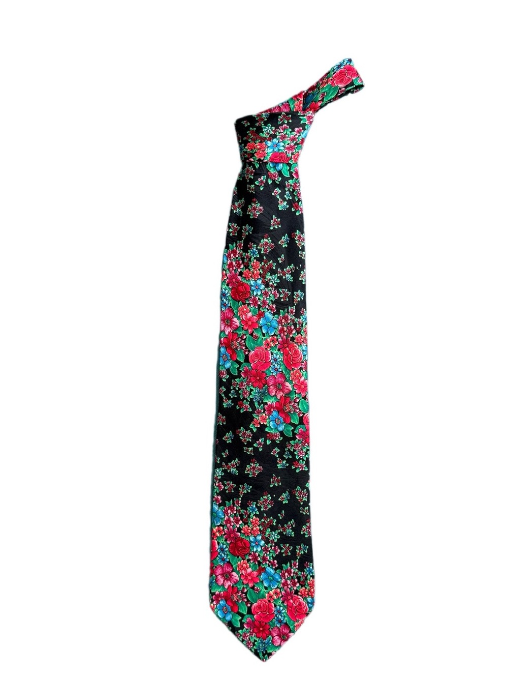 Vintage Papillon Italy Silk Boho Floral Wide Tie Black Red Botanical 3.8"
